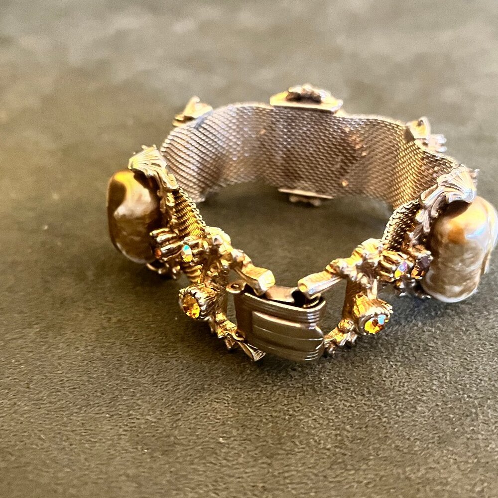 Vintage Gold Tone Mesh Faux Pearl and Rhinestone Bracelet - Picture 7 of 16